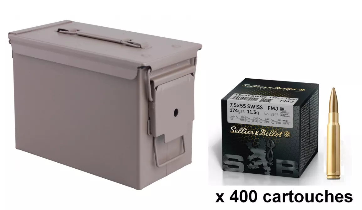 SELLIER BELLOT cal.7,5x55 Swiss FMJ /Caisse militaire TAN 400 cartouches